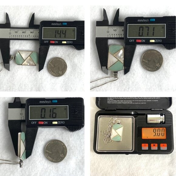 Sterling Silver 925 Dyed Mother Of Pearl MOP Geometric Inlay Pendant Necklace - Picture 10 of 16